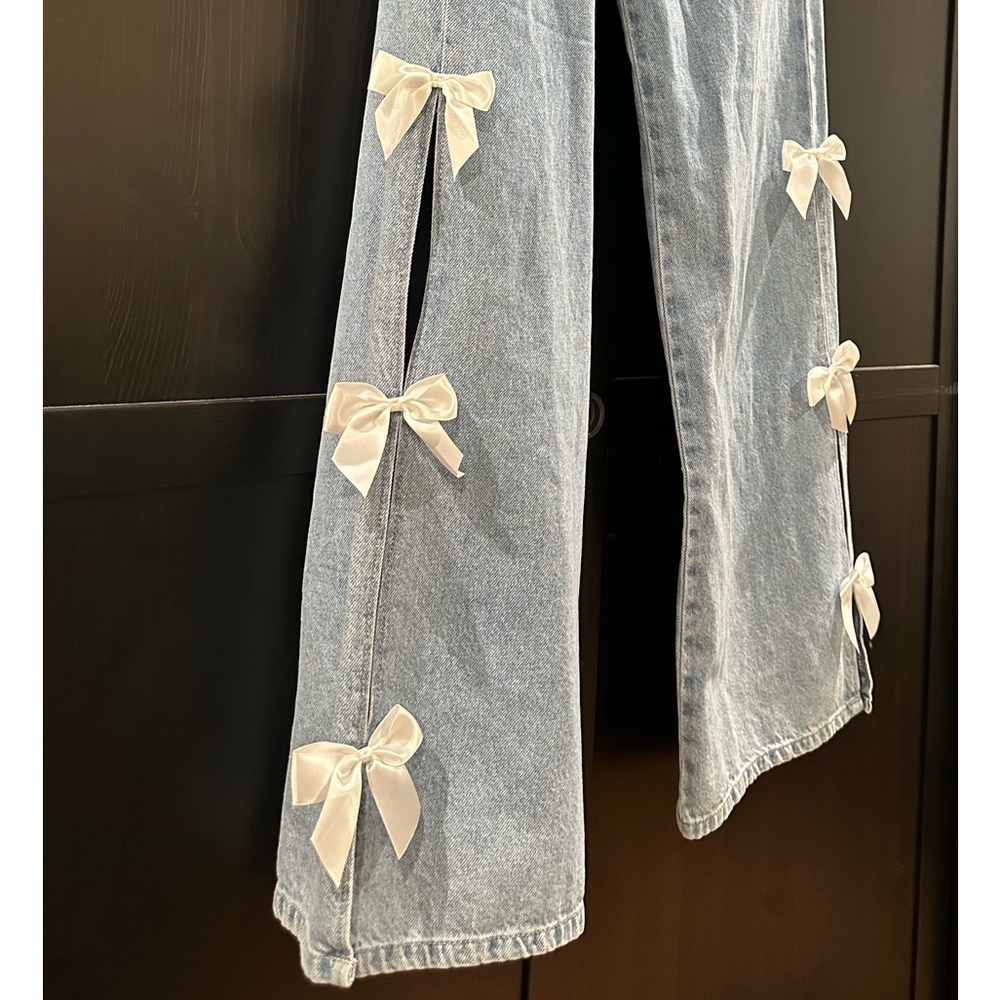 🆕 Flying Angel Stylish Light Blue Wide Leg Jeans with Bow Accents - Picture 8 of 10